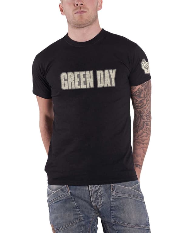 Green Day T Shirt band Logo & Grenade applique Official Mens Black