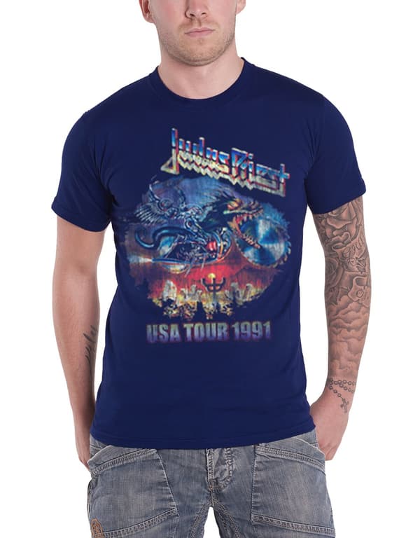 Judas Priest T Shirt Painkiller US Tour 1991 Distressed Logo Official Mens Navy XXL