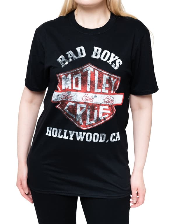 Motley Crue T Shirt Bad Boys Shield Distressed Band Logo Official Unisex Black
