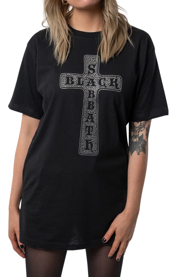 Black Sabbath T Shirt Diamante Cross Band Logo Official Unisex Black