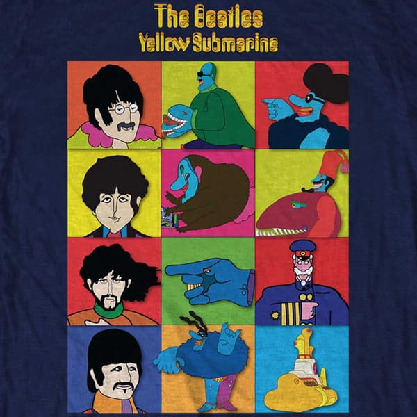 The Beatles T Shirt Yellow Submarine Characters Logo Official Mens Navy Blue