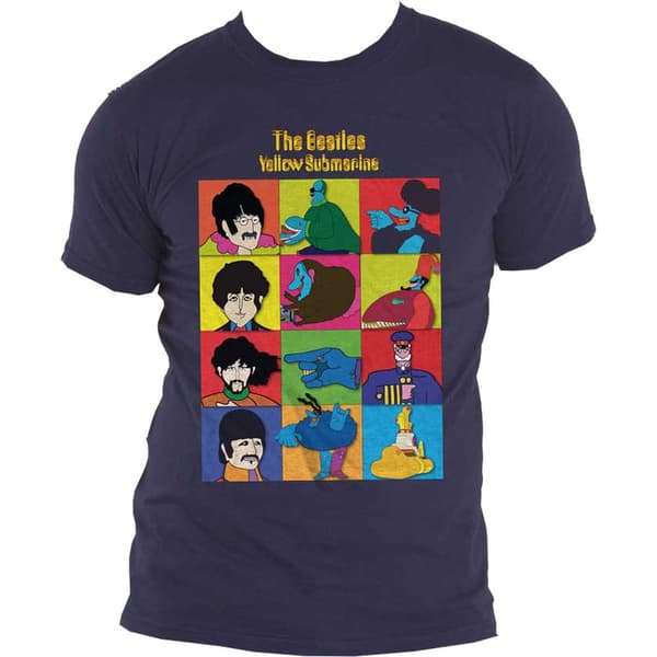 The Beatles T Shirt Yellow Submarine Characters Logo Official Mens Navy Blue