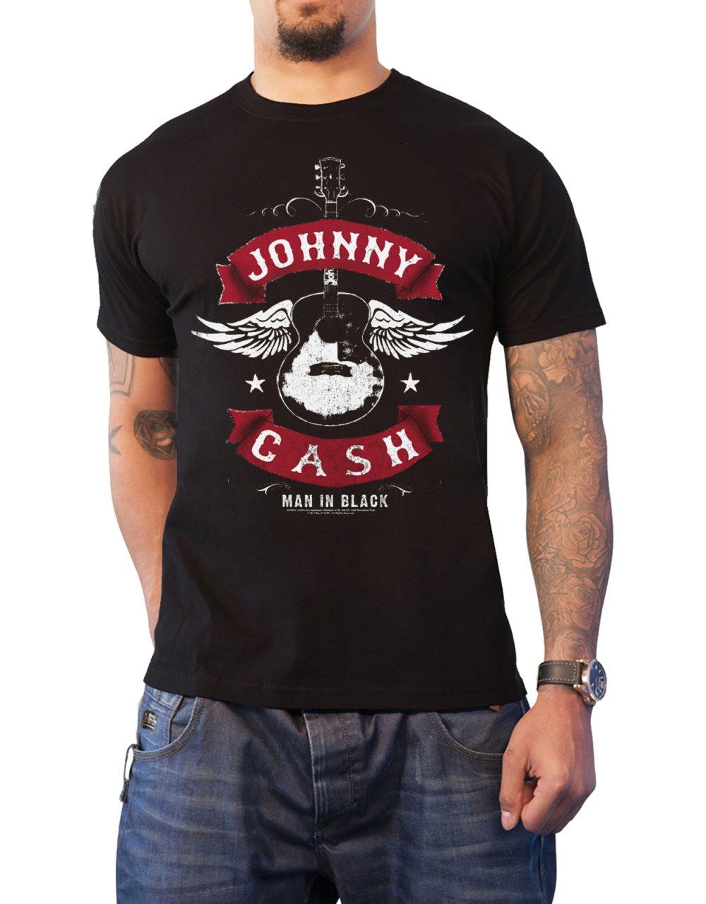 Johnny Cash T Shirt Winged Guitar man in black logo Official Mens Black