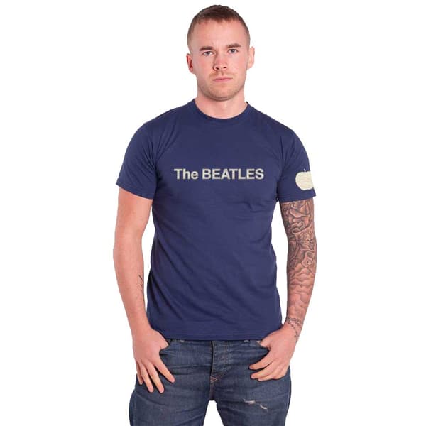 The Beatles T Shirt band Logo & Apple applique Official Mens Navy Blue