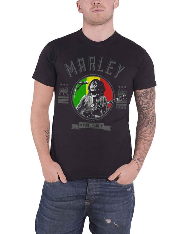 Bob Marley T Shirt Rebel Music Seal Distressed Logo Official Mens Black
