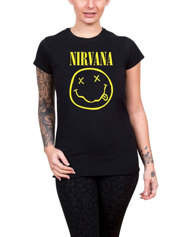 Nirvana T Shirt Classic Face Logo Official Womens Black Skinny Fit Black 12