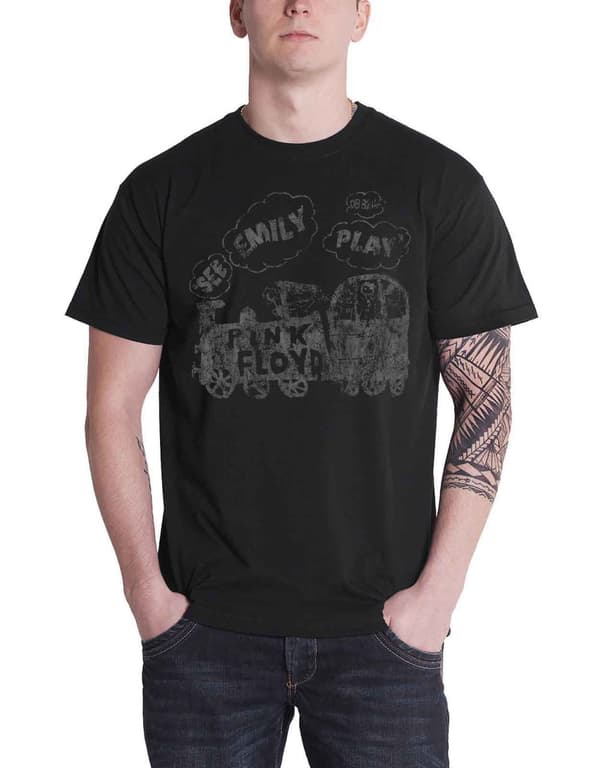 Pink Floyd T Shirt See Emily Play band logo Official Mens distressed Black L