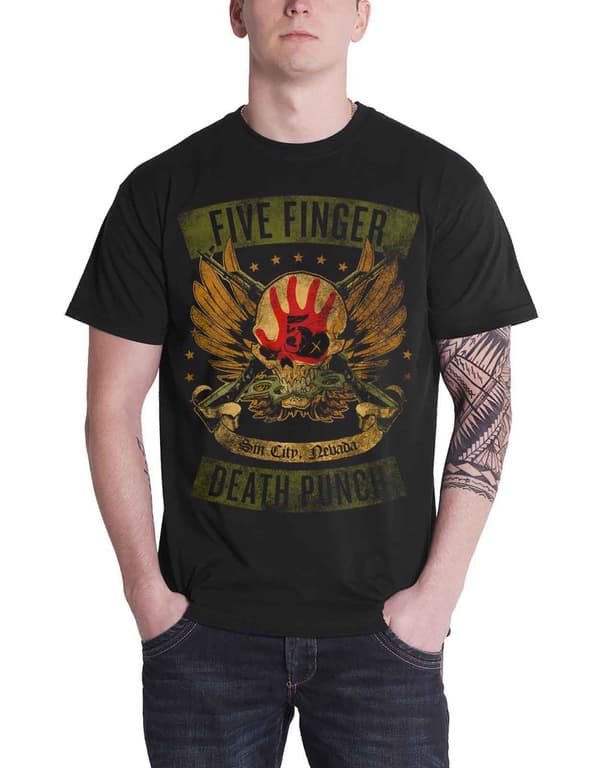 Five Finger Death Punch T Shirt Locked & Loaded band logo Official Mens Black Black S