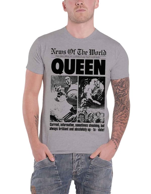 Queen T Shirt News Of The World Front Page 40 years Official Mens Grey