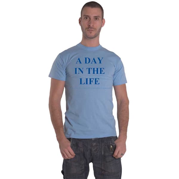 The Beatles T Shirt A Day In The Life text sgt pepper Official Mens Light Blue