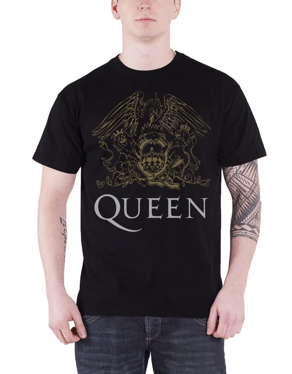 Queen T Shirt classic Crest band logo gold Official Mens Black