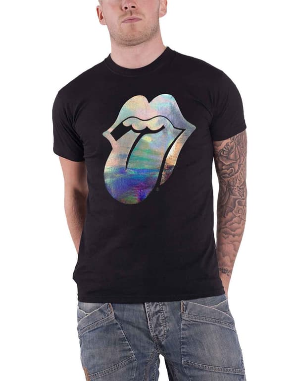 The Rolling Stones T Shirt Holo Foil Tongue band logo Official Mens Black L