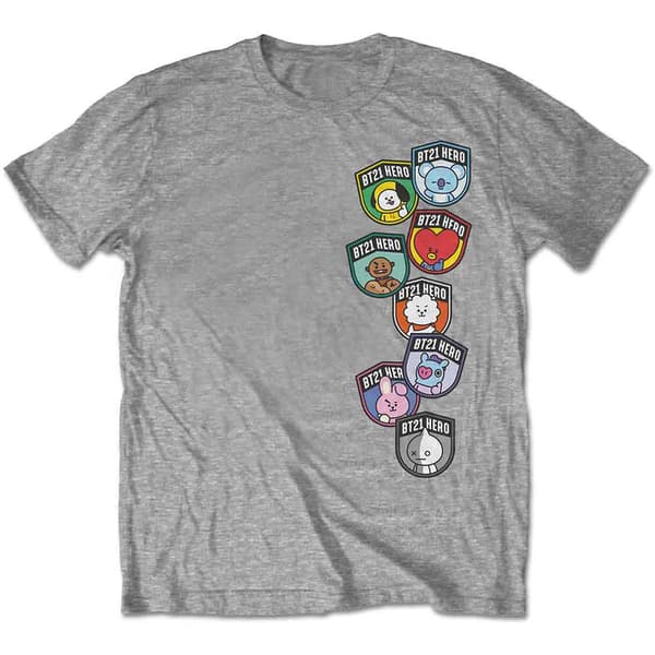 Official BT21 T Shirt BTS Hero Badges K-Pop Koya Rj Shooky Official Unisex Grey
