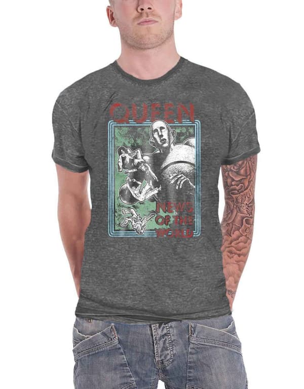 Queen T Shirt News Of the World Band Logo Official Mens Charcoal Grey Burnout