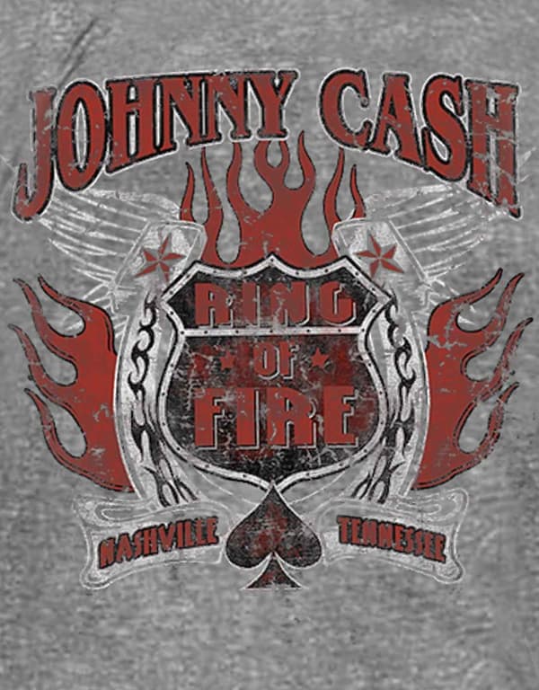 Johnny Cash T Shirt Distressed Ring of Fire Logo Official Mens Grey Burnout
