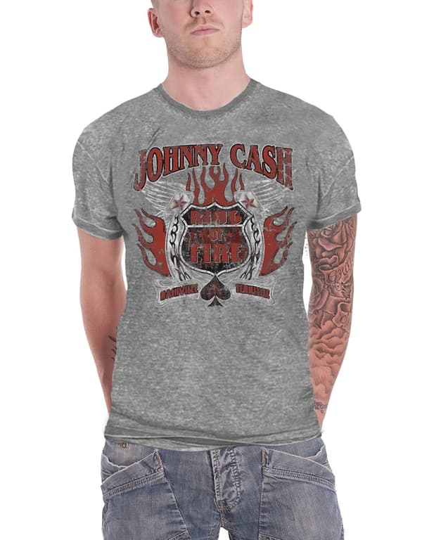Johnny Cash T Shirt Distressed Ring of Fire Logo Official Mens Grey Burnout