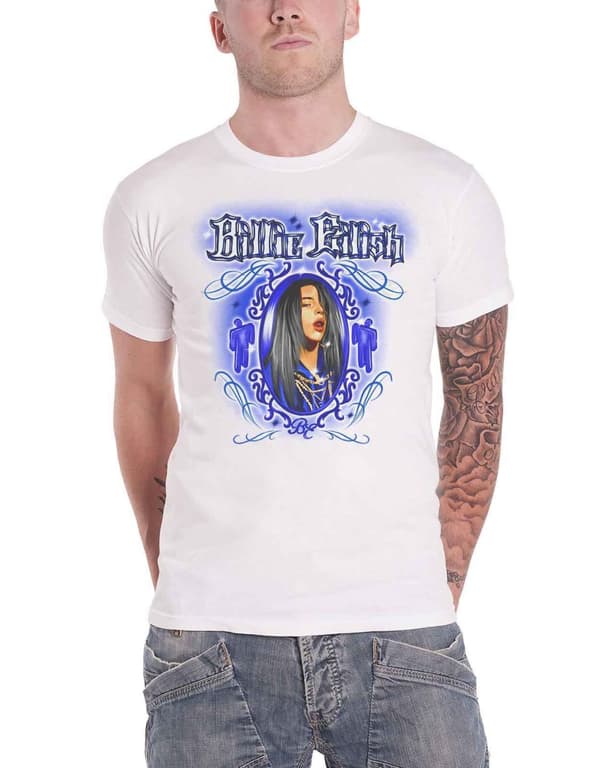 Official Billie Eilish T Shirt Airbrush portrait Photo Logo Unisex White