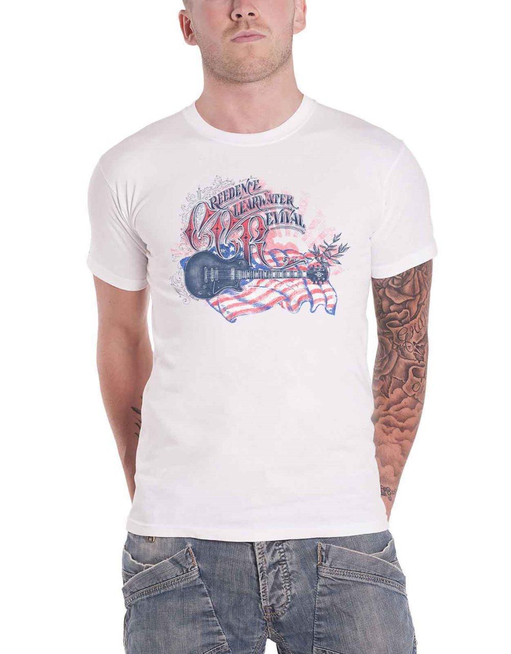 Creedence Clearwater Revival T Shirt Guitar And Flag Official Mens White