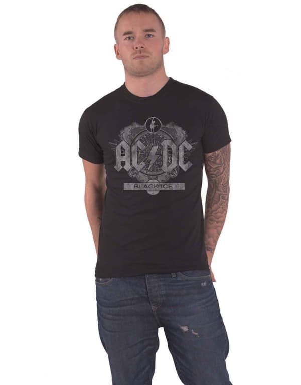 AC/DC T Shirt Black Ice Contrast Album Cover Band Logo Official Mens Black S