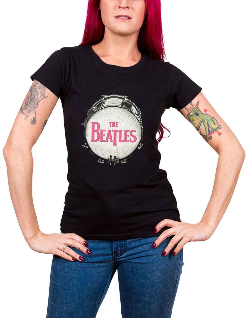 The Beatles T Shirt Pink Glitter Drum Logo Official Womens Black Skinny Fit