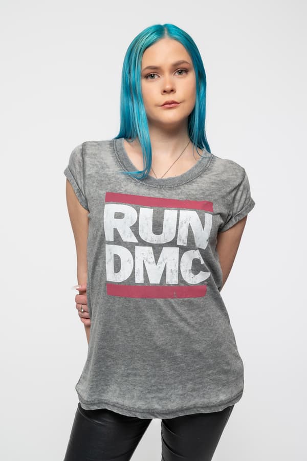 Run DMC T Shirt Classic Band Logo Official Womens Grey Skinny Fit Burnout