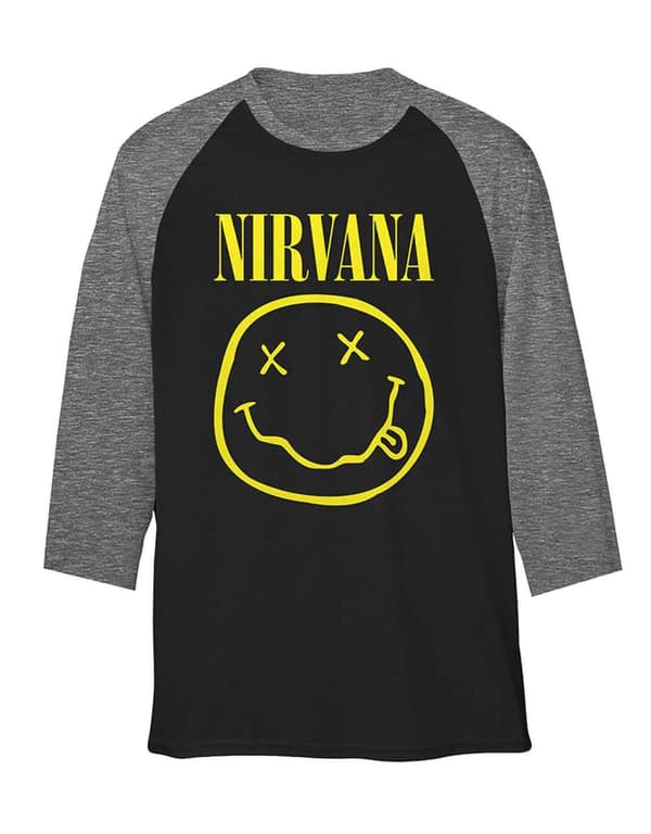 Nirvana Raglan Shirt Yellow Smile Band Logo Official Black Unisex 3/4 Sleeve Grey XXL