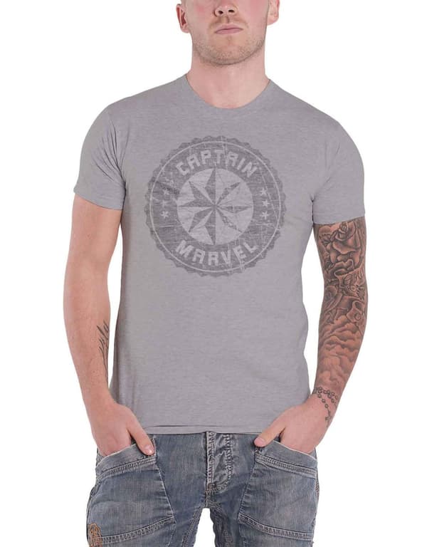 Captain Marvel T Shirt Distressed Circle Logo Official Marvel Comics Mens Grey