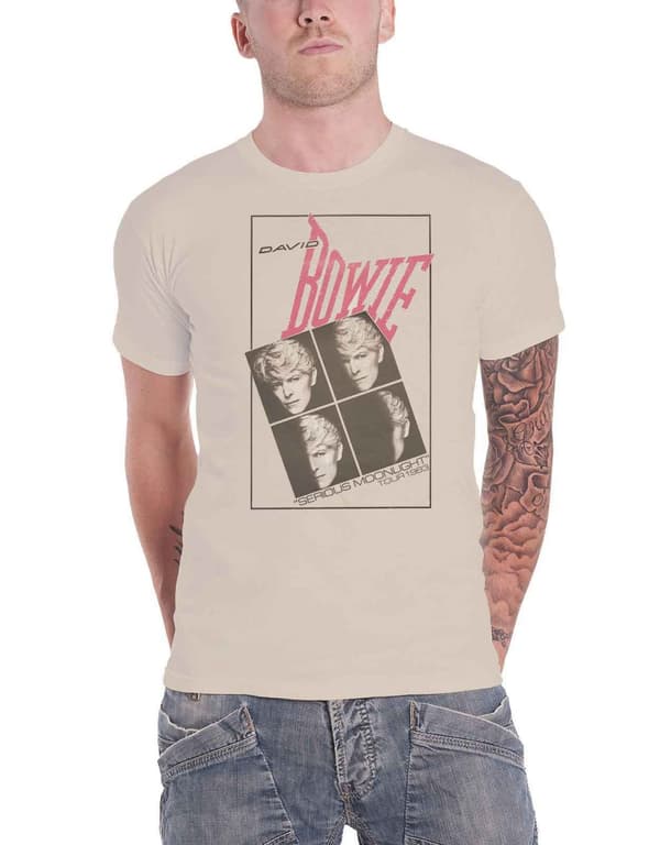 David Bowie T Shirt Serious Moonlight Tour 1983 Logo Official Mens off White
