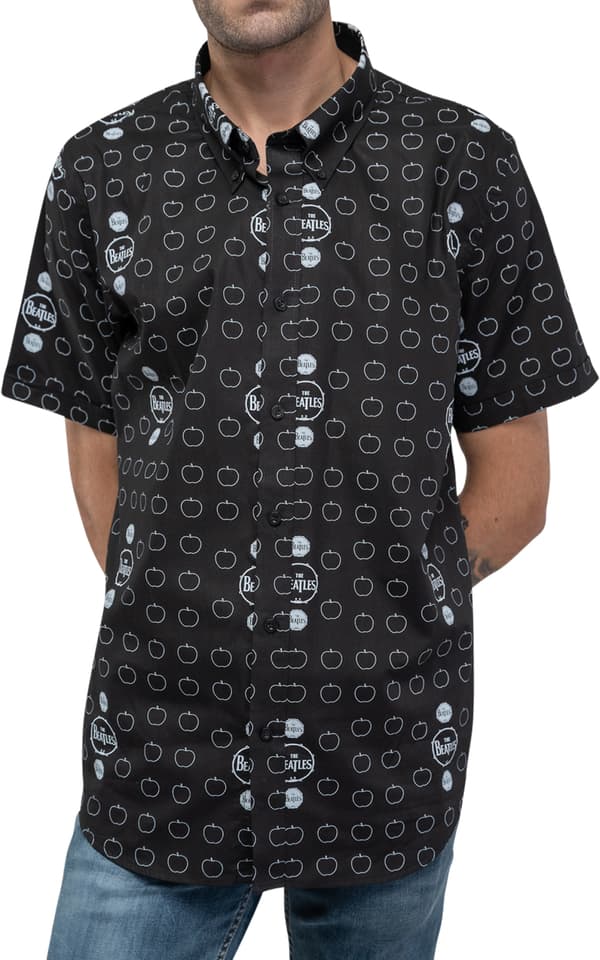 The Beatles Casual Shirt Drum and Apples Official Mens Black Allover Print