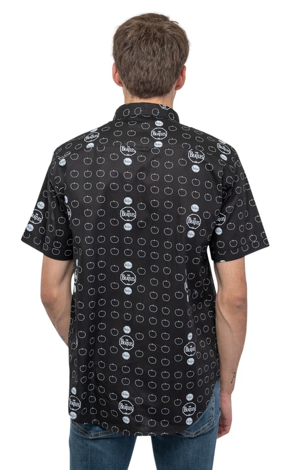 The Beatles Casual Shirt Drum and Apples Official Mens Black Allover Print