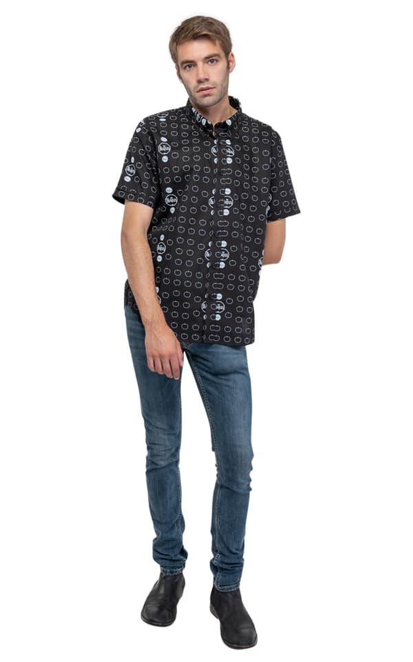 The Beatles Casual Shirt Drum and Apples Official Mens Black Allover Print