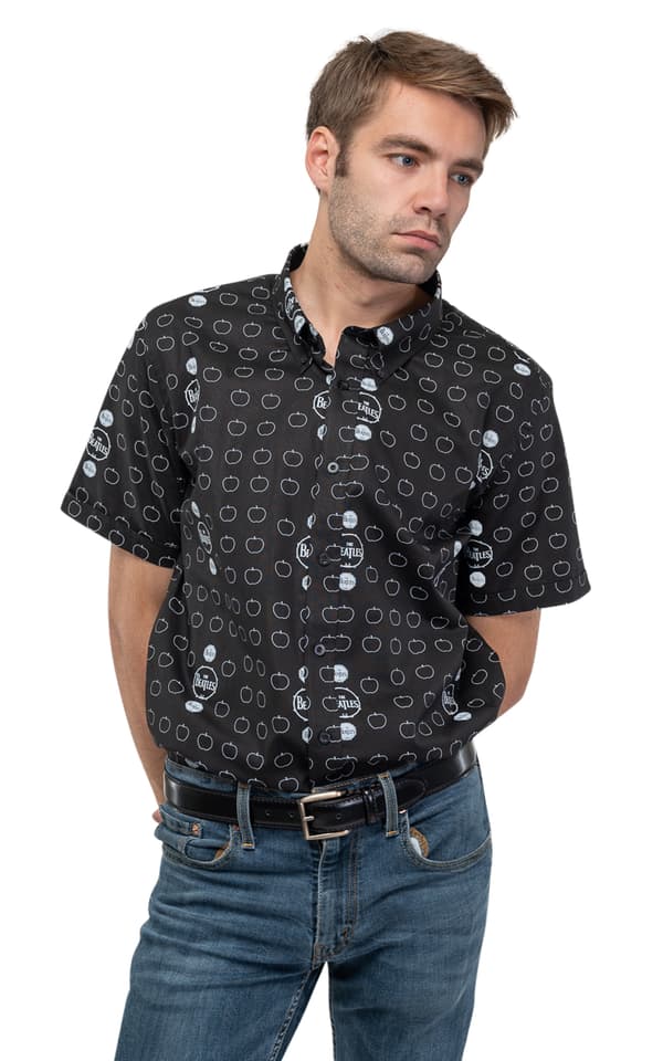 The Beatles Casual Shirt Drum and Apples Official Mens Black Allover Print