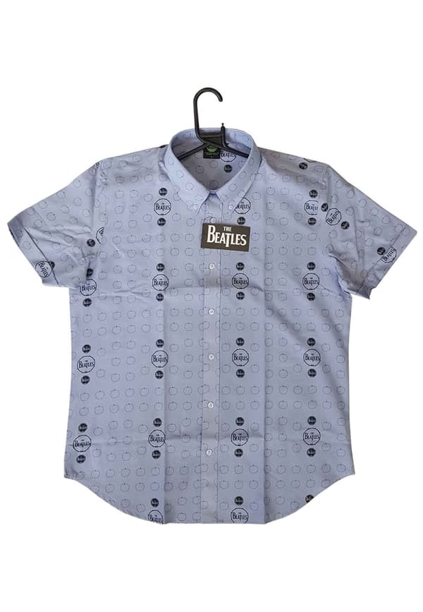 The Beatles Casual Shirt Drum and Apples Official Mens Oxford Blue Allover Print