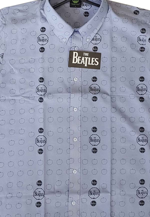The Beatles Casual Shirt Drum and Apples Official Mens Oxford Blue Allover Print