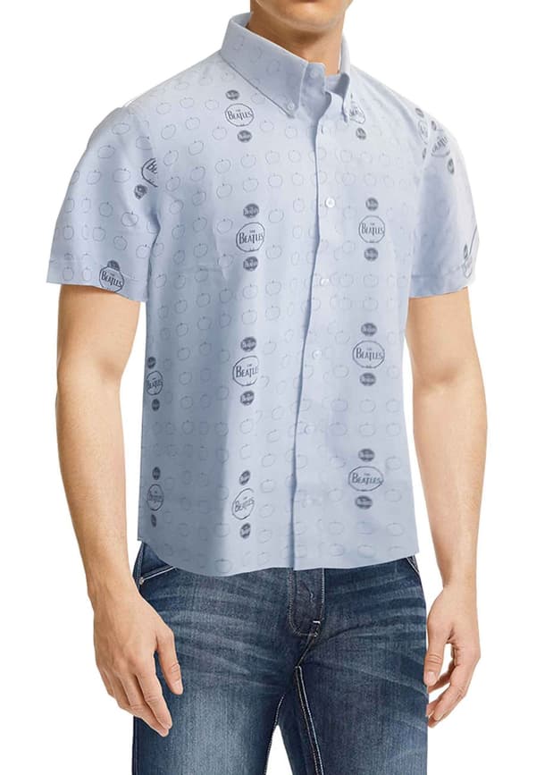 The Beatles Casual Shirt Drum and Apples Official Mens Oxford Blue Allover Print
