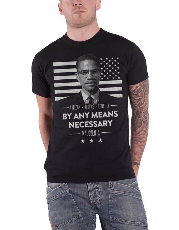Malcolm X T Shirt By Any Means Necessary Freedom Flag Official Mens Black