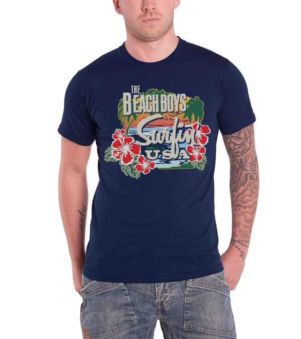 Beach Boys T Shirt Surfin USA Tropical band logo Official Mens Blue