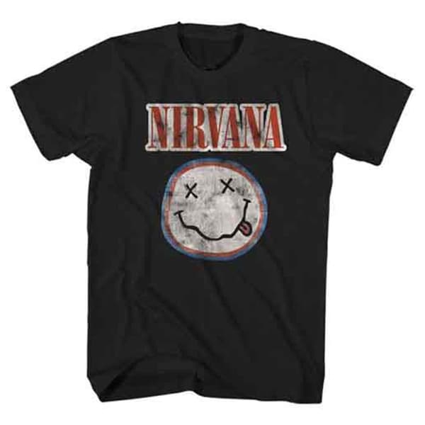 Nirvana T Shirt Distressed Band Logo Smile Nevermind Official Mens Black