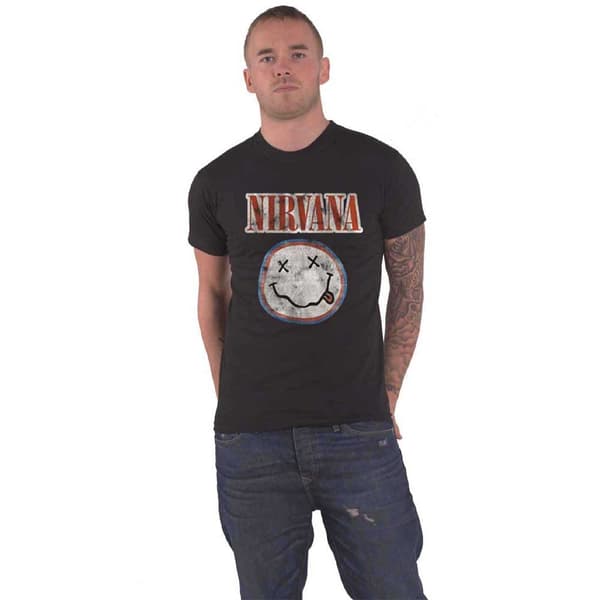 Nirvana T Shirt Distressed Band Logo Smile Nevermind Official Mens Black Black XXL