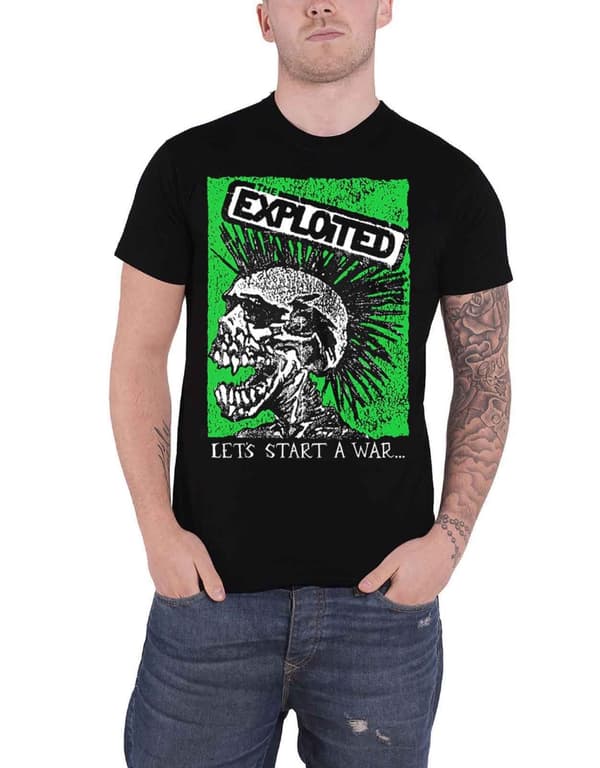The Exploited T Shirt Lets Start A War Skull Band Logo Official Mens Black Black L