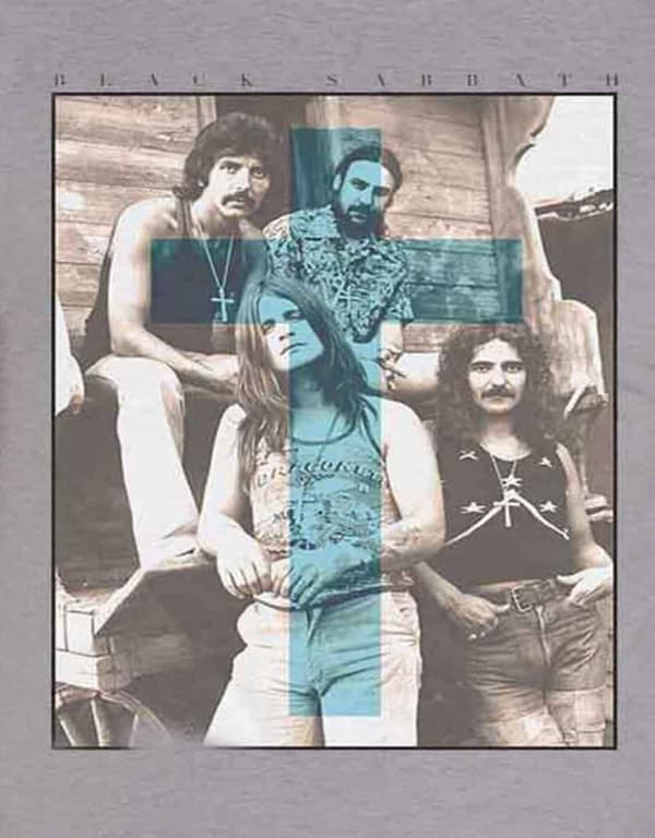 Black Sabbath T Shirt Blue Cross group shot band logo Official Unisex Grey
