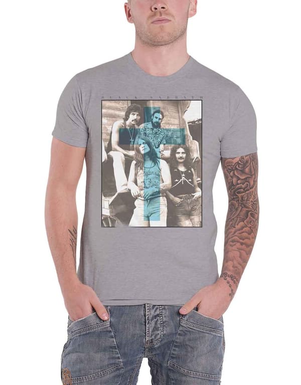 Black Sabbath T Shirt Blue Cross group shot band logo Official Unisex Grey