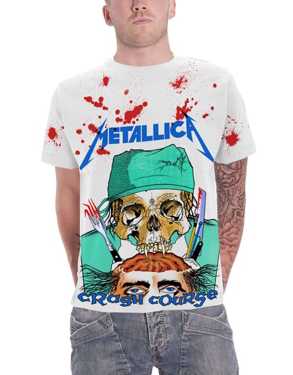 Metallica T Shirt Crash Course In Brain Surgery Official Mens White All Over