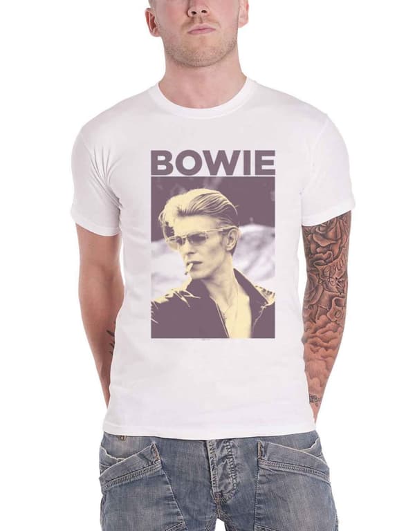 David Bowie T Shirt Vintage Retro Smoking Pose Logo Official Mens White