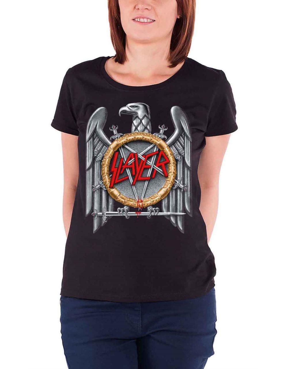 Slayer T Shirt Silver Eagle Band Logo Official Womens Skinny Fit Black