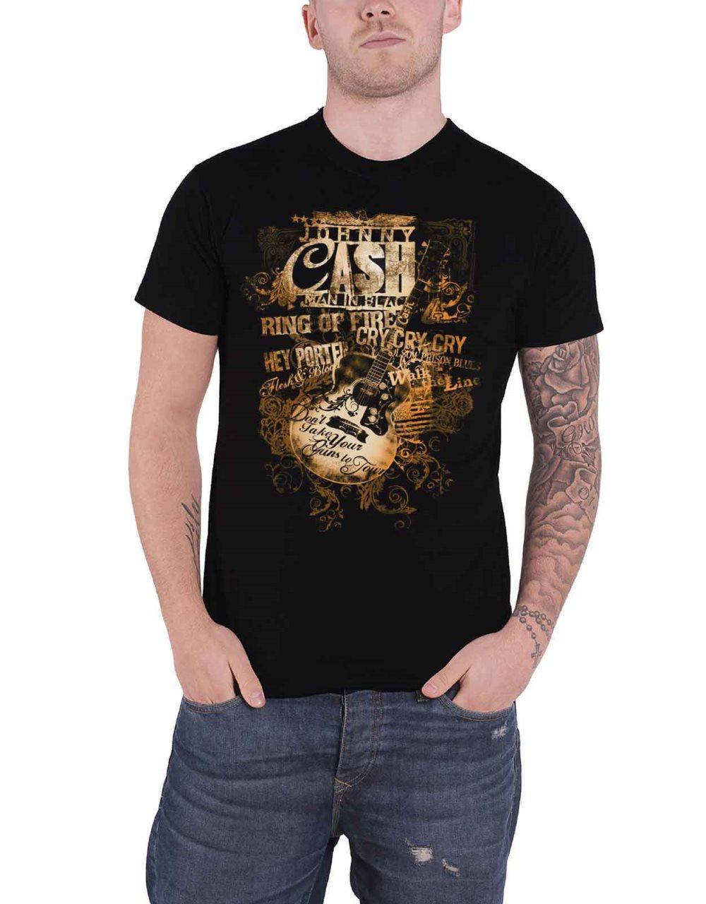 Johnny Cash T Shirt Guitar Song Titles Logo Official Mens Black