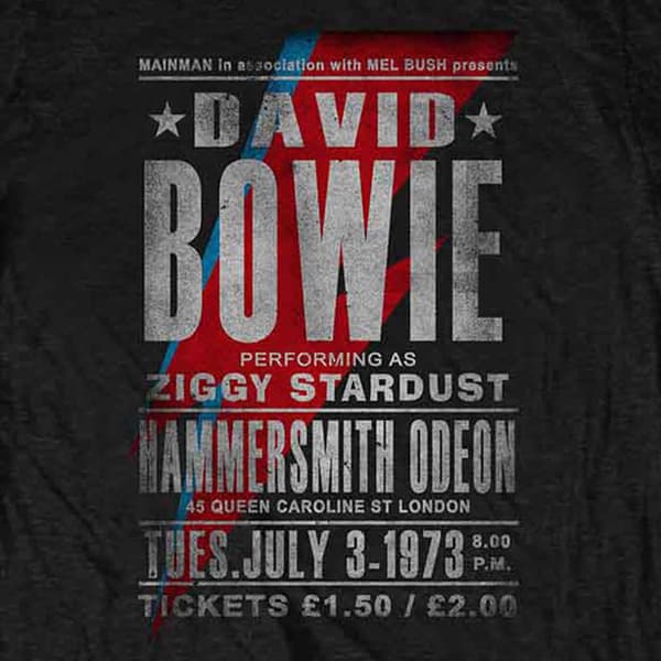 David Bowie T Shirt Ziggy Stardust Hammersmith Odeon Flyer Official Mens