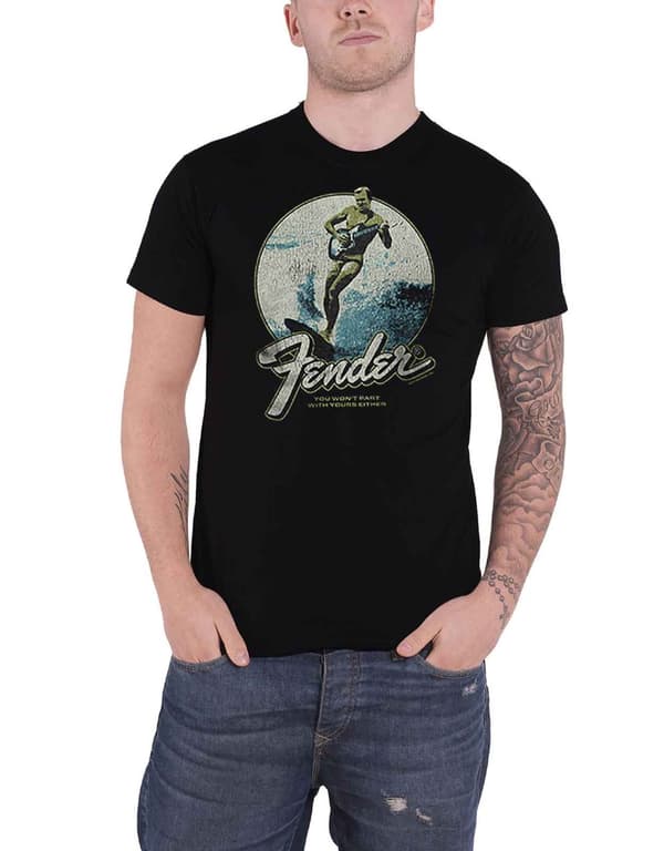 Fender T Shirt Surfer Distressed Vintage Logo Official Mens Black L