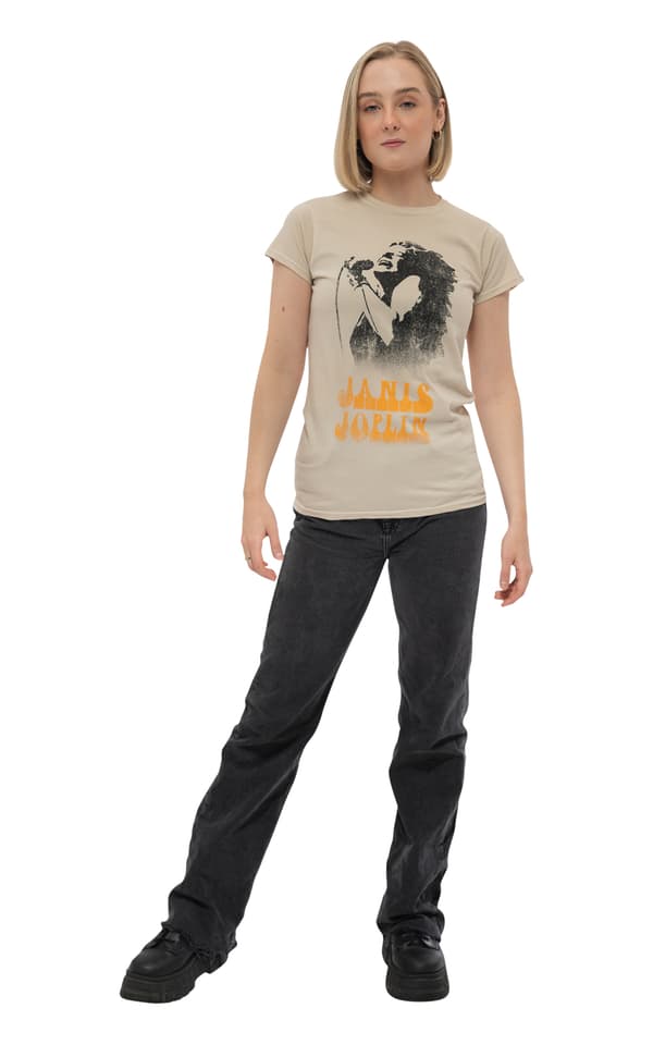 Janis Joplin Ladies T Shirt Working The Mic Official Womens Skinny Fit Sand Sand M