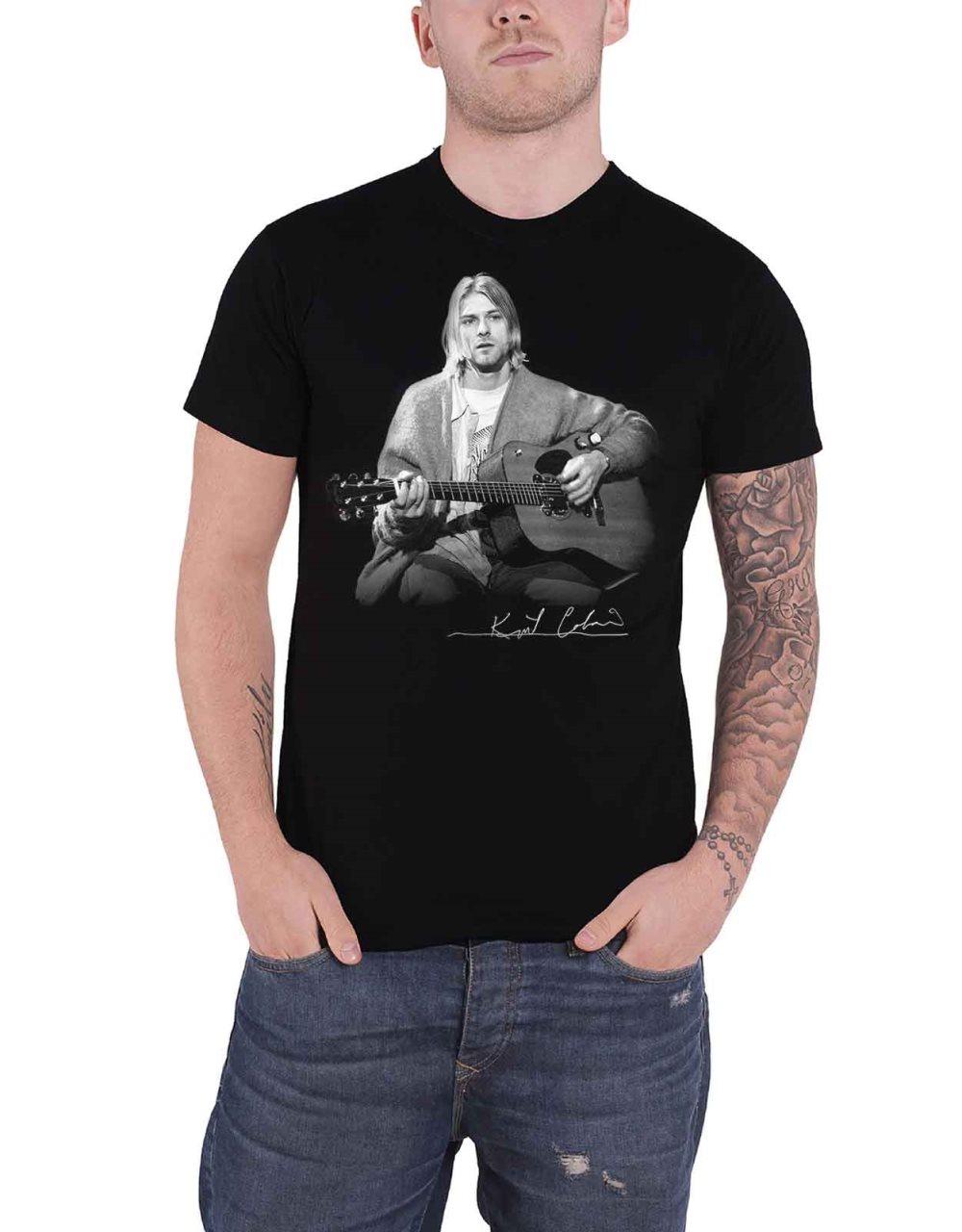 Kurt Cobain T Shirt Guitar Umpugged Live Photo signature Official Mens Black